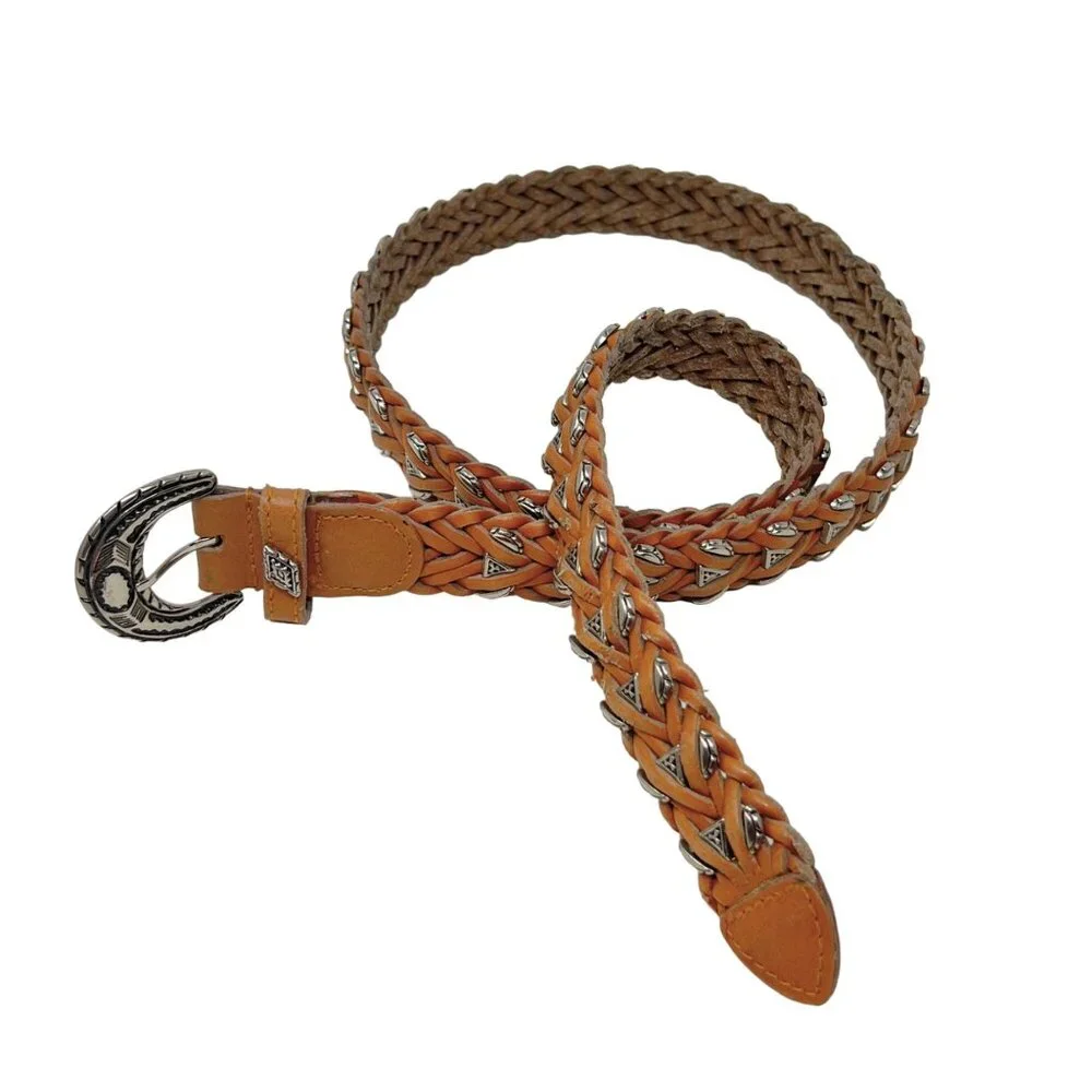 Vintage 1980's Unisex Omega Western Belt Size L Braided Leather Metal‎ Accents
